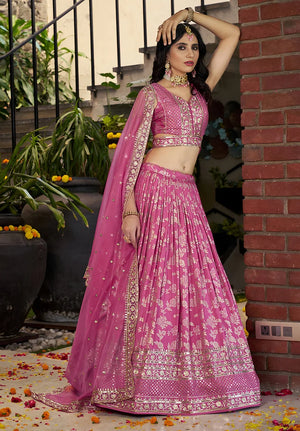 Rani Pink Silk Blend Woven Lehenga Choli with Floral Vines
