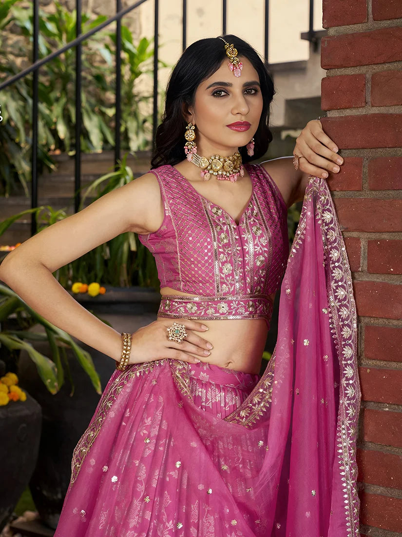 Rani Pink Silk Blend Woven Lehenga Choli with Floral Vines, choli close-up