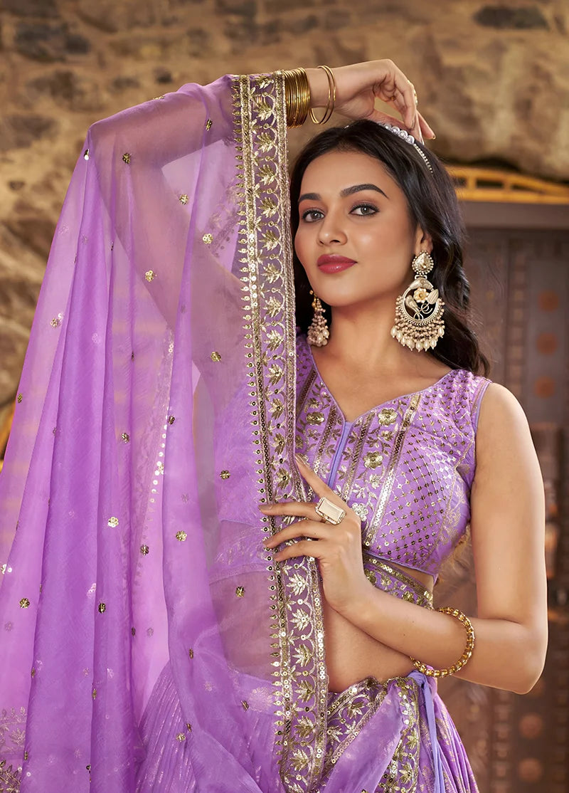 Lavender Silk Blend Woven Lehenga Choli with Floral Vines, choli close-up