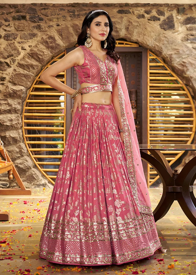 Onion Pink Silk Blend Woven Lehenga Choli with Floral Vines, front