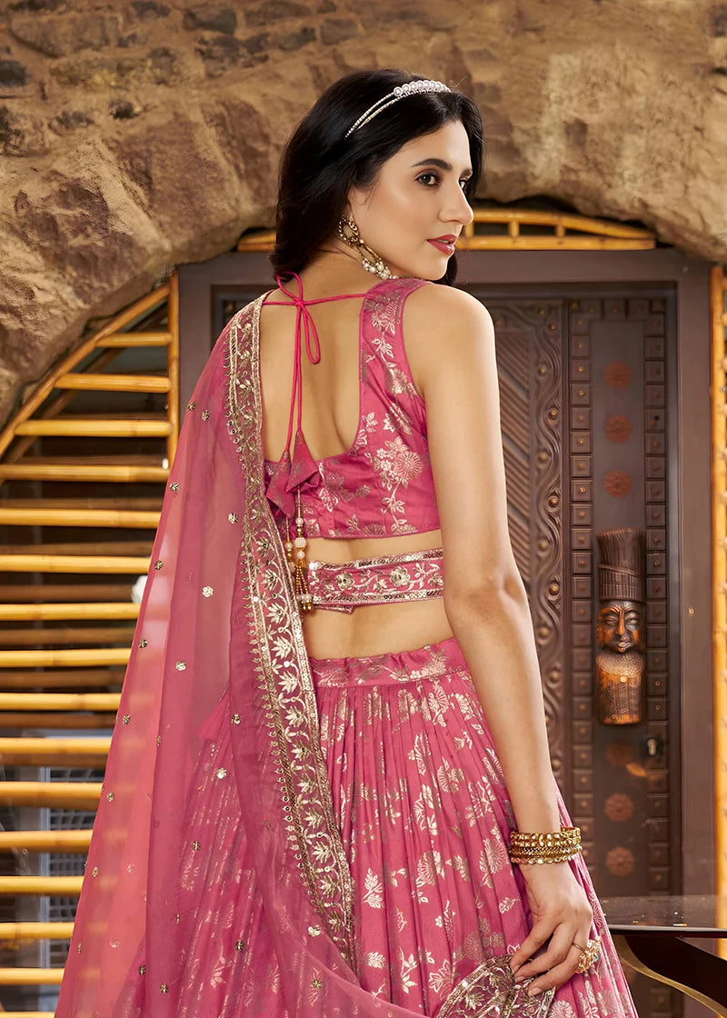 Onion Pink Silk Blend Woven Lehenga Choli with Floral Vines, back