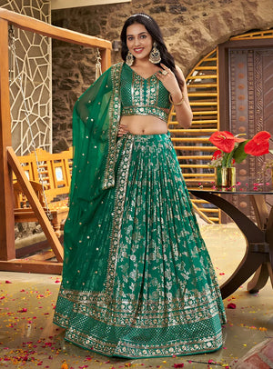 Teal Green Silk Blend Woven Lehenga Choli with Floral Vines
