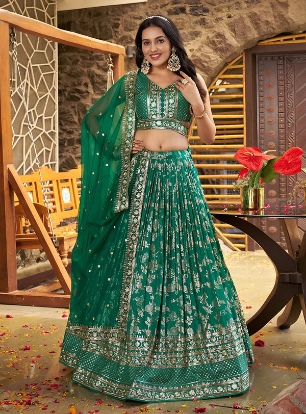 Teal Green Silk Blend Woven Lehenga Choli with Floral Vines, front
