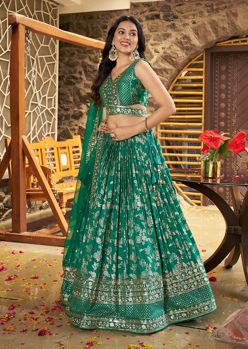 Teal Green Silk Blend Woven Lehenga Choli with Floral Vines, side