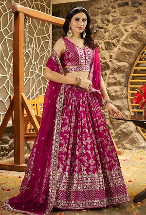 Rani Pink Silk Blend Woven Lehenga Choli with Lattice Hem