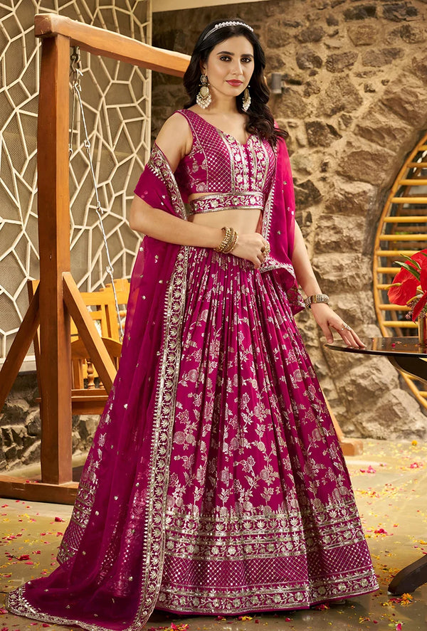 Rani Pink Silk Blend Woven Lehenga Choli with Lattice Hem, front