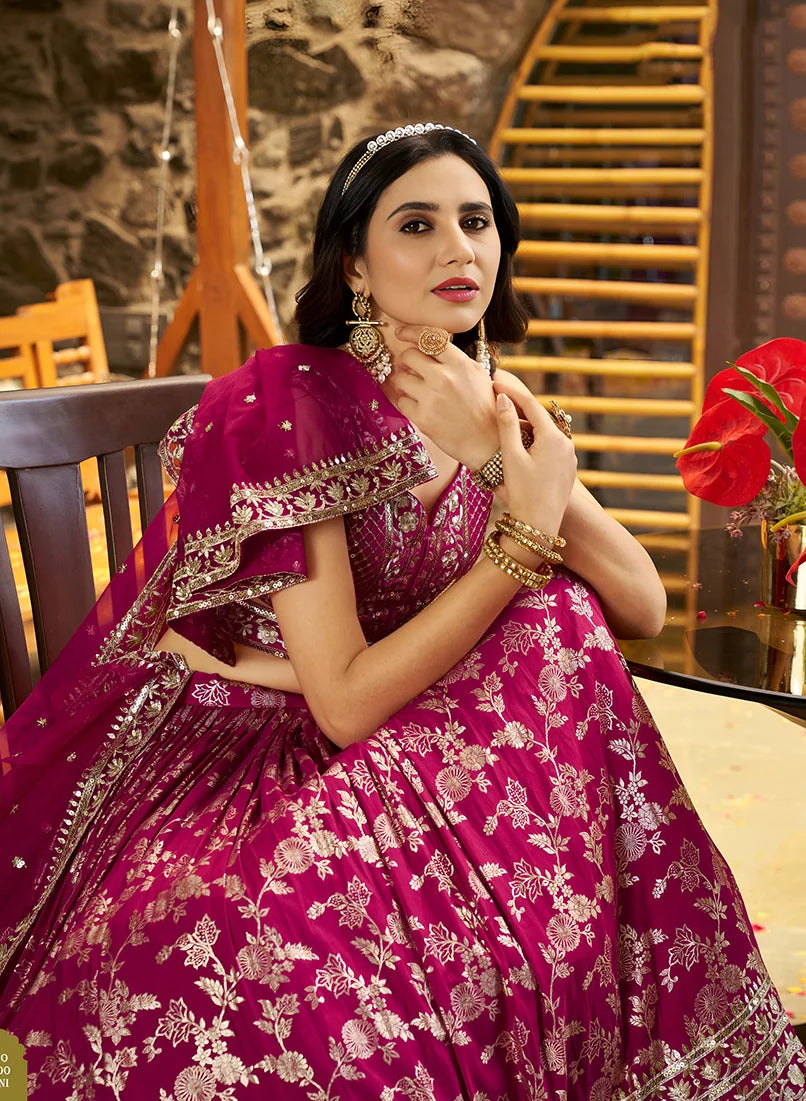 Rani Pink Silk Blend Woven Lehenga Choli with Lattice Hem, choli close-up