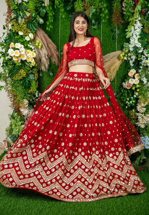 Red Georgette Mirror Work Lehenga Choli with Chevron Hem