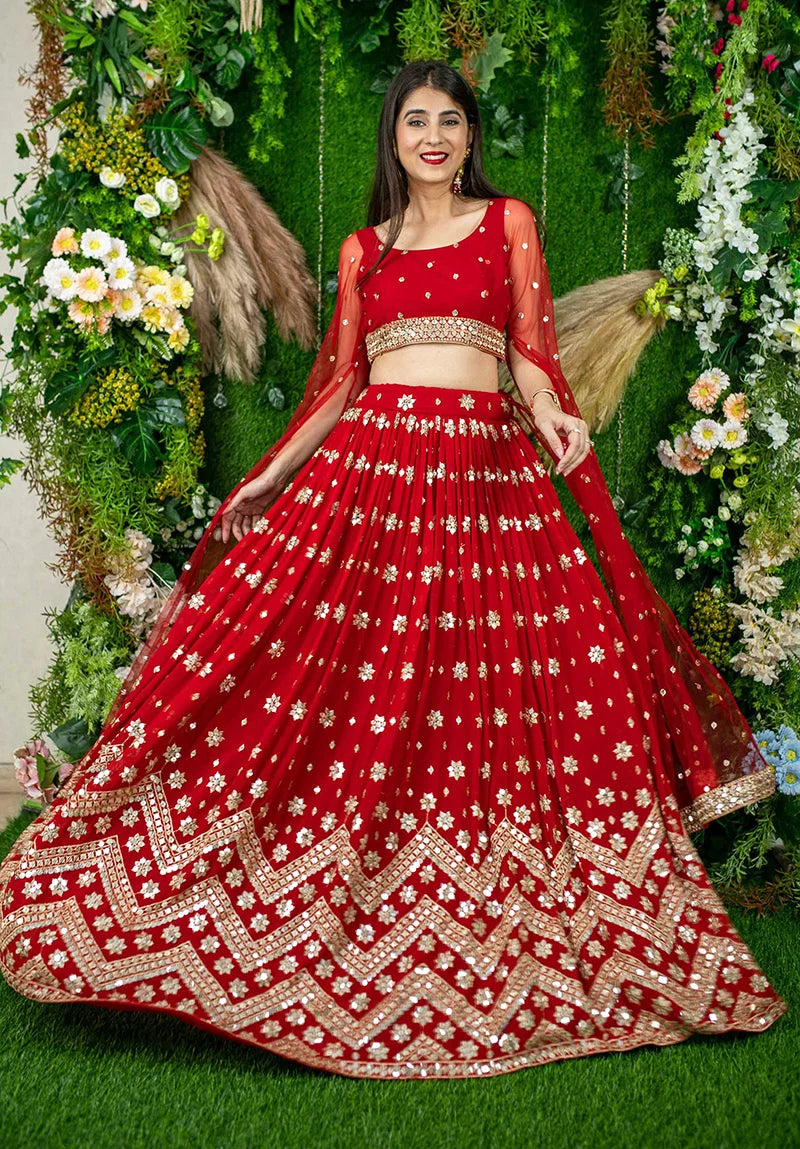 Red Georgette Mirror Work Lehenga Choli with Chevron Hem, front