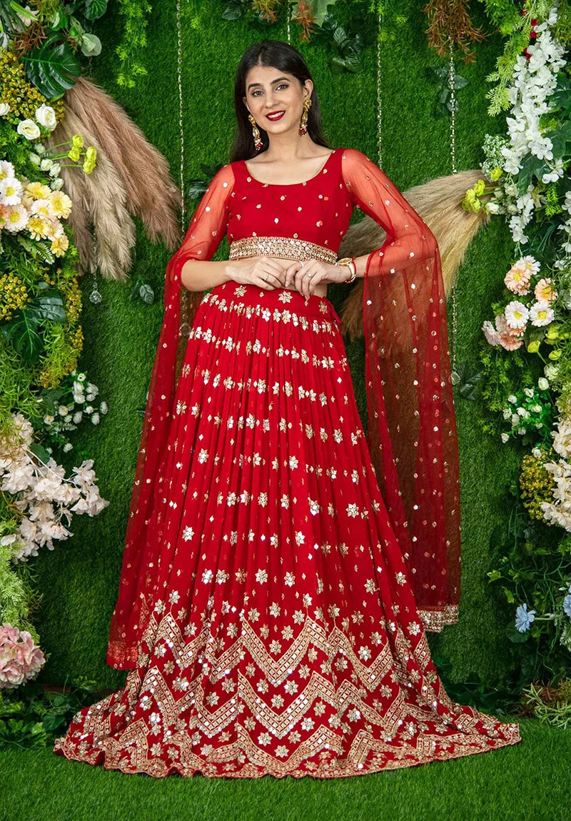 Red Georgette Mirror Work Lehenga Choli with Chevron Hem, styled on model