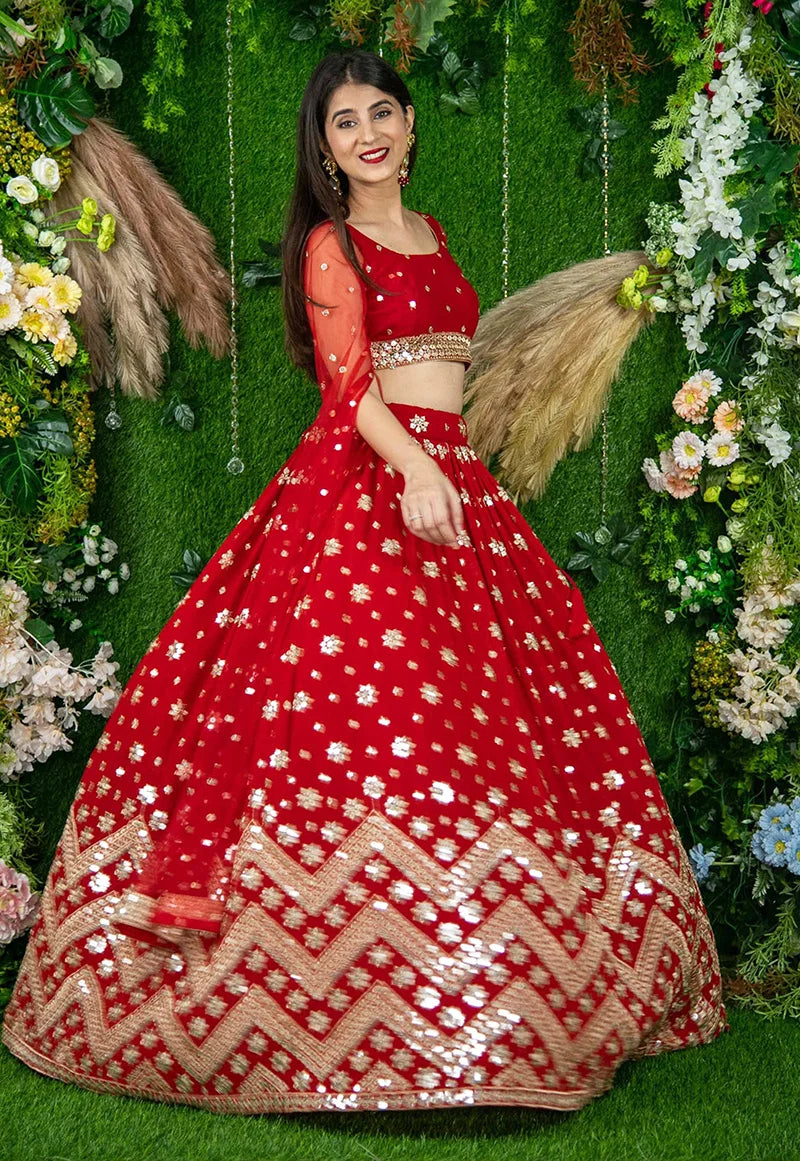 Red Georgette Mirror Work Lehenga Choli with Chevron Hem, side