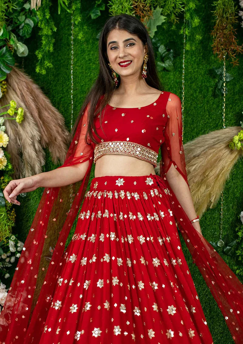 Red Georgette Mirror Work Lehenga Choli with Chevron Hem, choli close-up