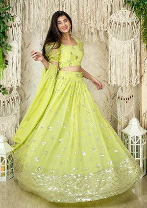 Lime Georgette Mirror Work Lehenga Choli with Puff Sleeves