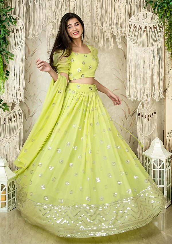 Lime Georgette Mirror Work Lehenga Choli with Puff Sleeves, front