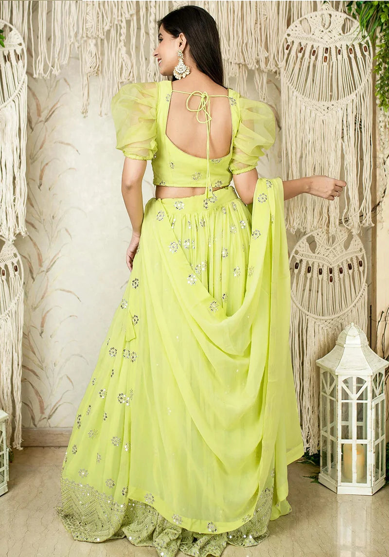 Lime Georgette Mirror Work Lehenga Choli with Puff Sleeves, back