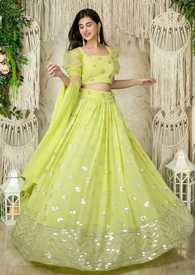 Lime Georgette Mirror Work Lehenga Choli with Puff Sleeves, styled on model