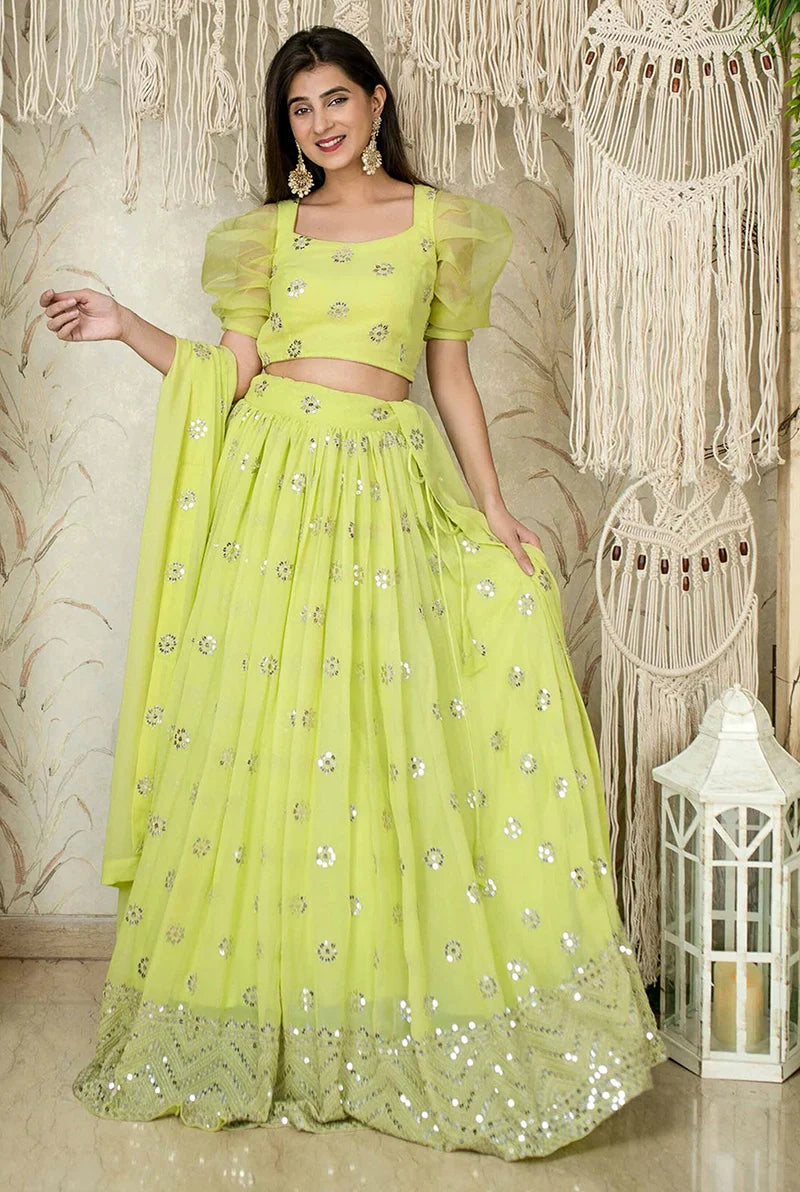 Lime Georgette Mirror Work Lehenga Choli with Puff Sleeves, styled on model, view 2