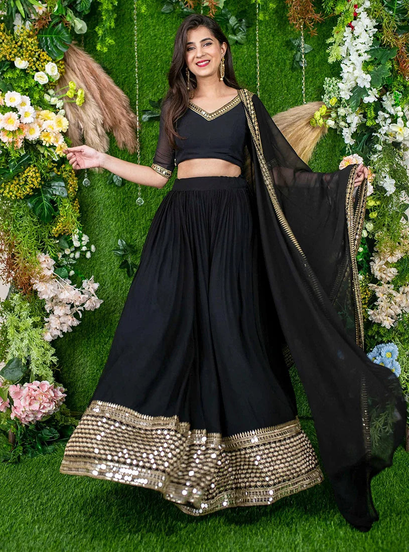 Black Georgette Mirror Work Lehenga Choli with Gold Trim, front