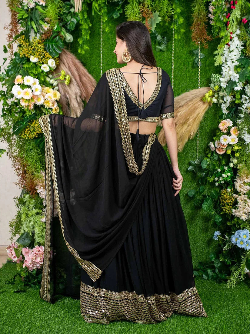 Black Georgette Mirror Work Lehenga Choli with Gold Trim, back