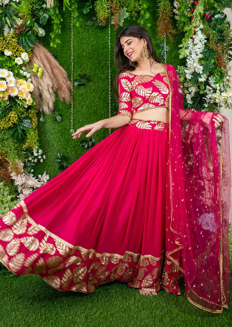 Rani Pink Georgette Foil Print Lehenga Choli with Leaf Motifs, side