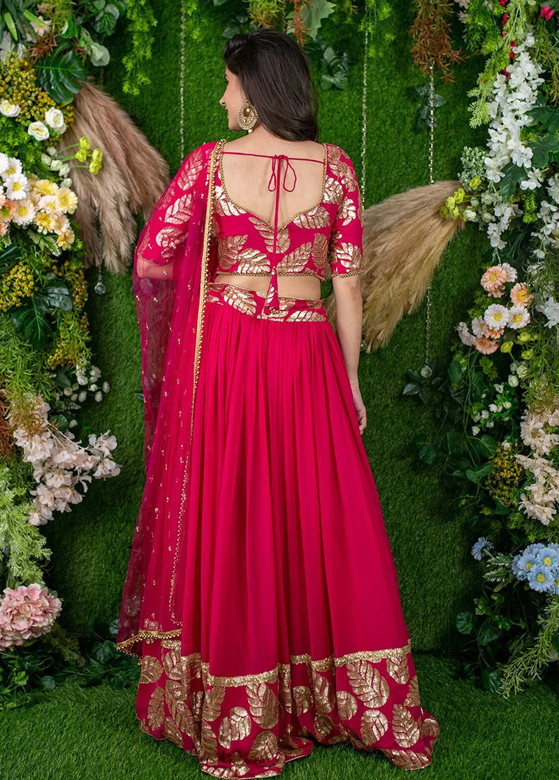 Rani Pink Georgette Foil Print Lehenga Choli with Leaf Motifs, back
