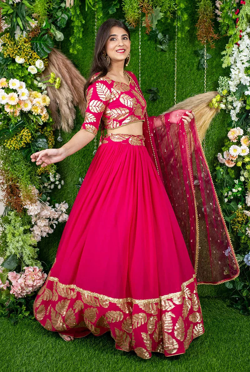 Rani Pink Georgette Foil Print Lehenga Choli with Leaf Motifs, side, view 2