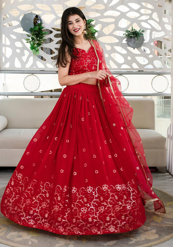 Red Georgette Foil Print Lehenga Choli with Floral Hem, front