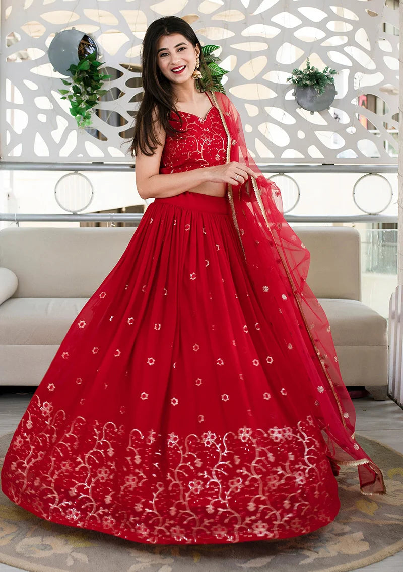 Red Georgette Foil Print Lehenga Choli with Floral Hem, front