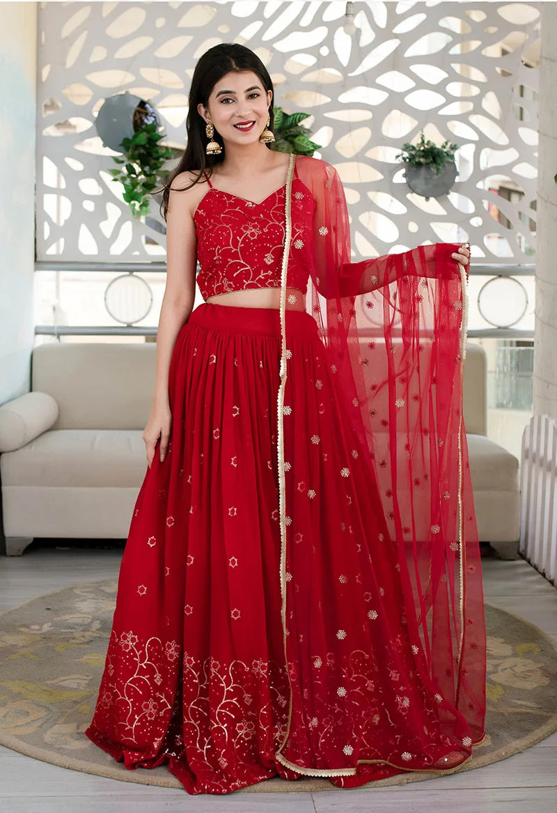 Red Georgette Foil Print Lehenga Choli with Floral Hem, side