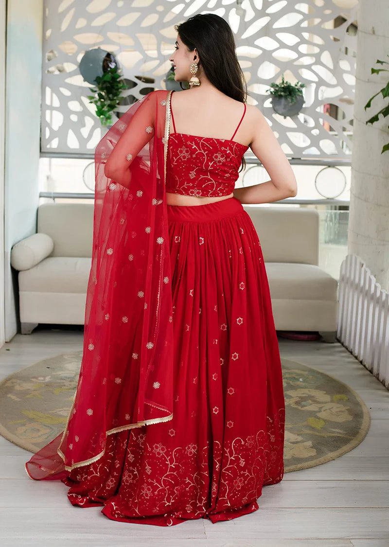 Red Georgette Foil Print Lehenga Choli with Floral Hem, back