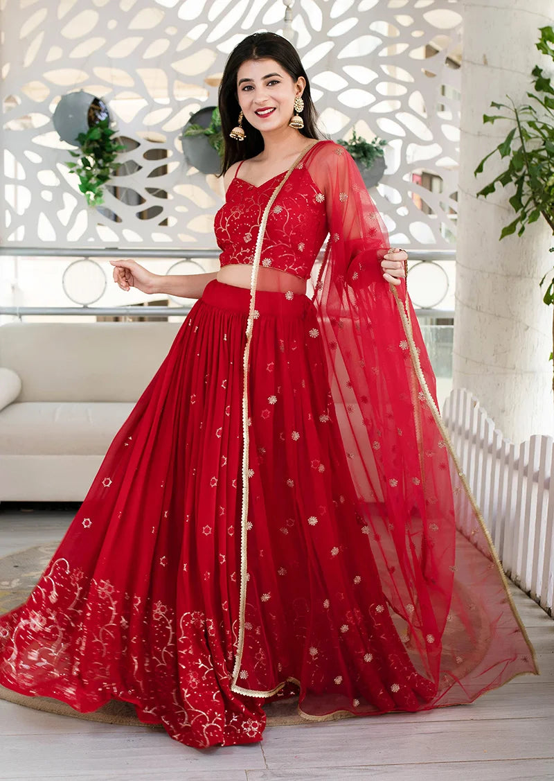 Red Georgette Foil Print Lehenga Choli with Floral Hem, styled on model