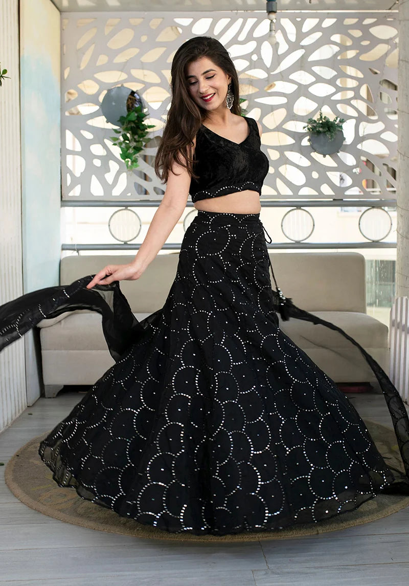 Black Organza Mirror Work Lehenga Choli with Circle Motifs, side