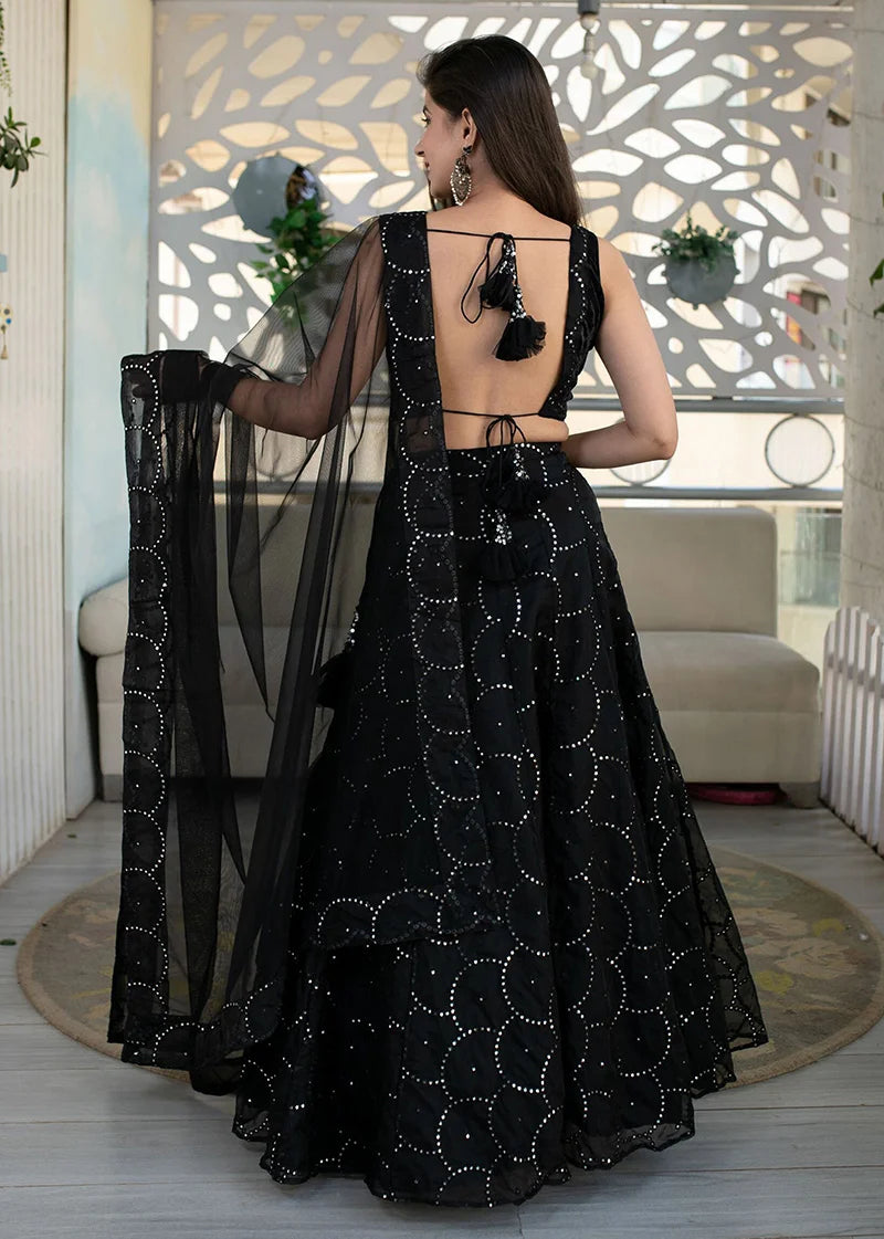 Black Organza Mirror Work Lehenga Choli with Circle Motifs, back