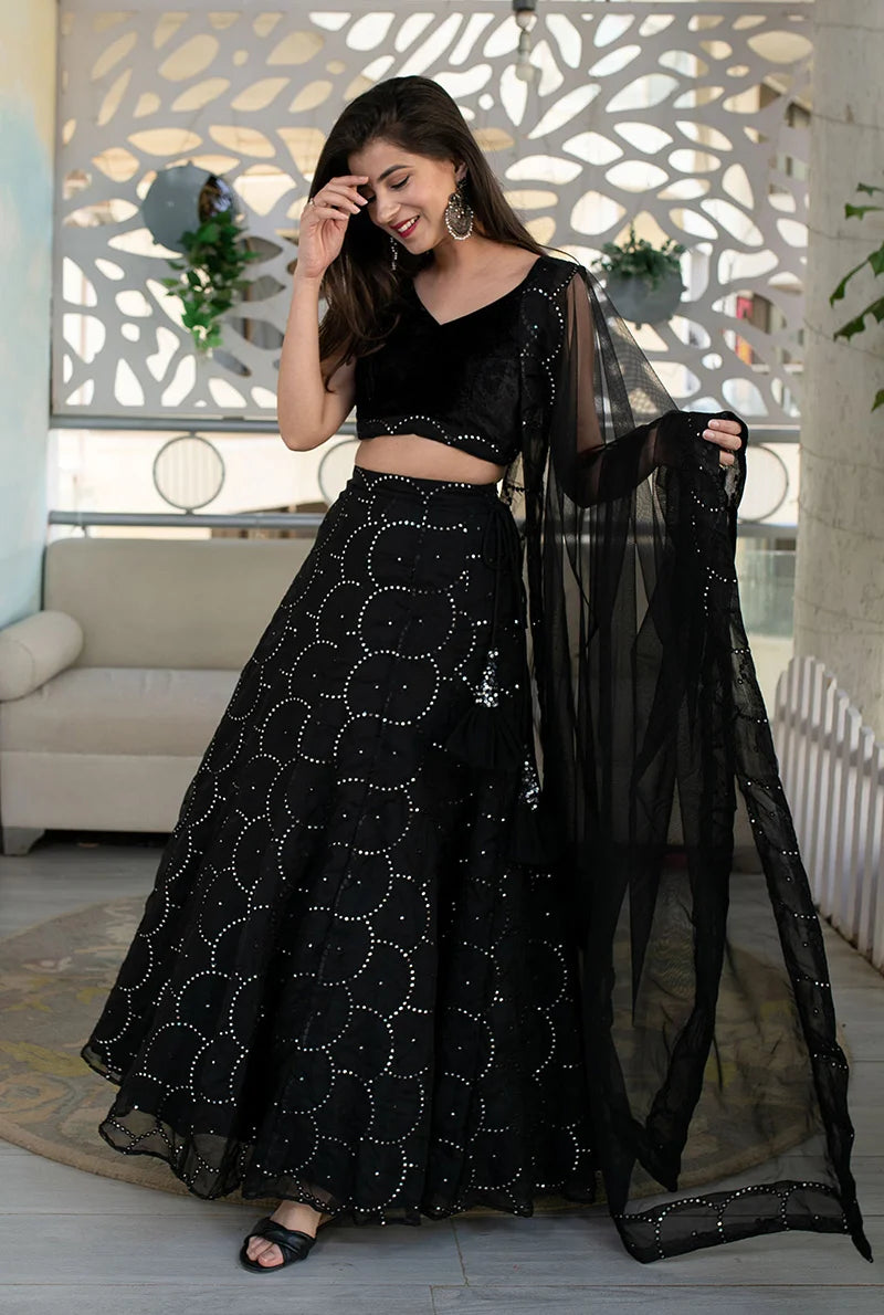 Black Organza Mirror Work Lehenga Choli with Circle Motifs, side, view 2