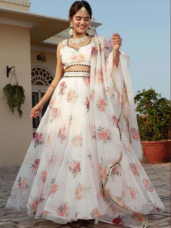 White Organza Floral Print Lehenga Choli with Scalloped Dupatta, front