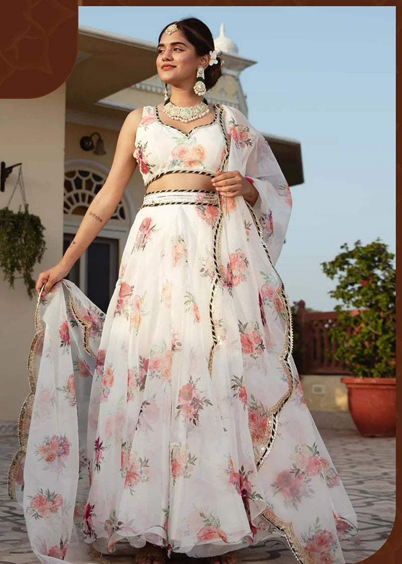 White Organza Floral Print Lehenga Choli with Scalloped Dupatta, side
