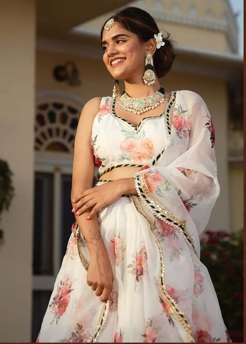 White Organza Floral Print Lehenga Choli with Scalloped Dupatta, choli close-up