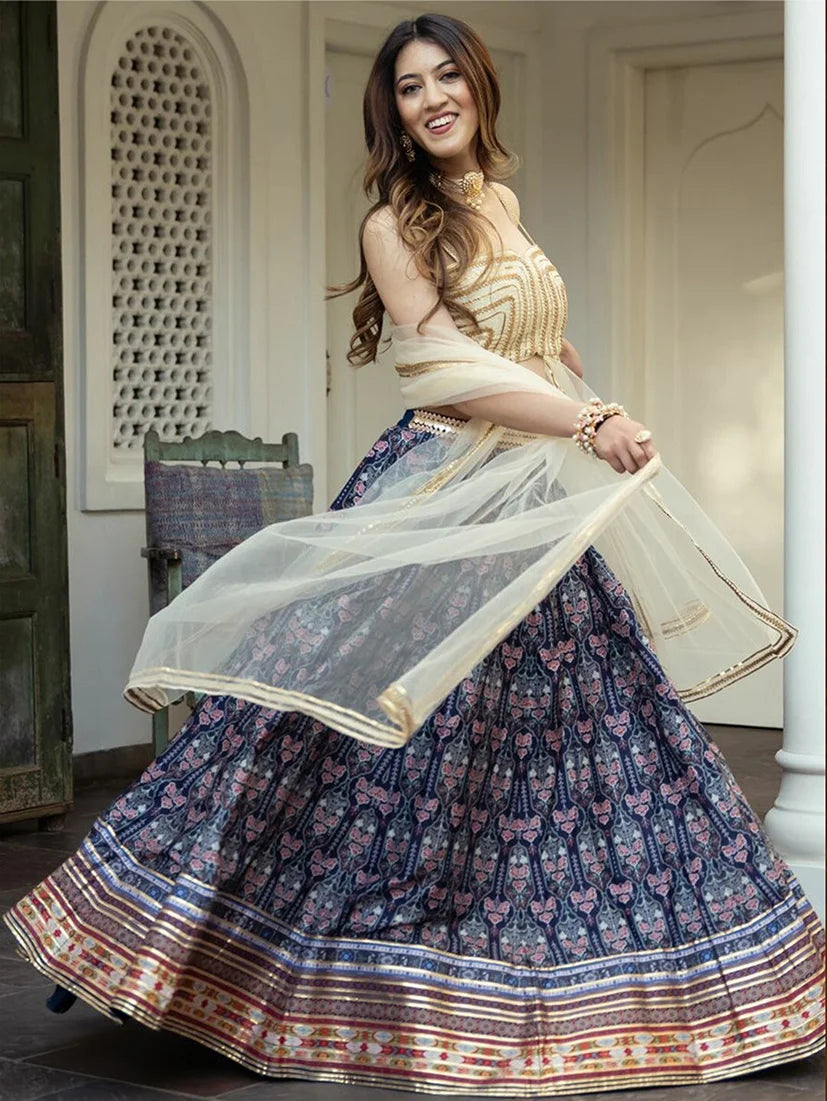 Blue Art Silk Paisley Print Lehenga Choli with Cream Choli, side