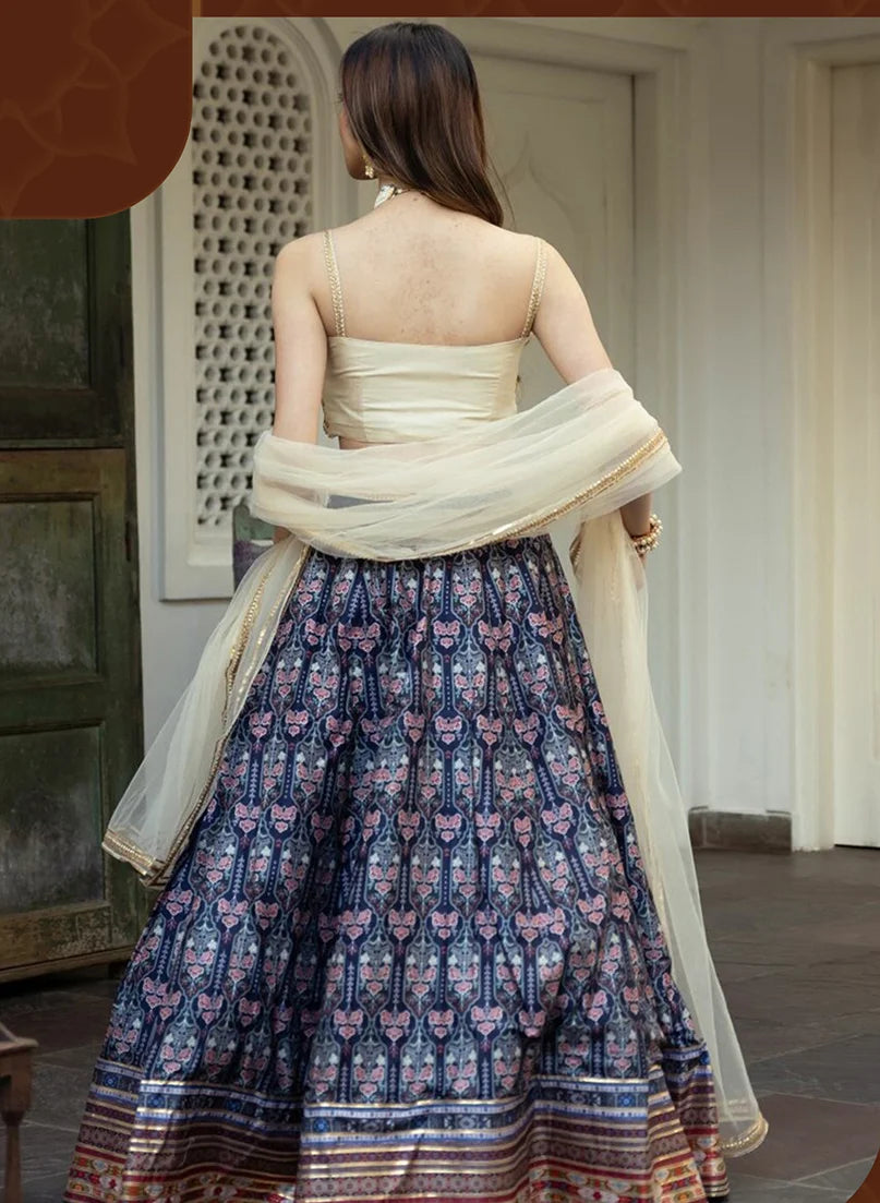 Blue Art Silk Paisley Print Lehenga Choli with Cream Choli, back