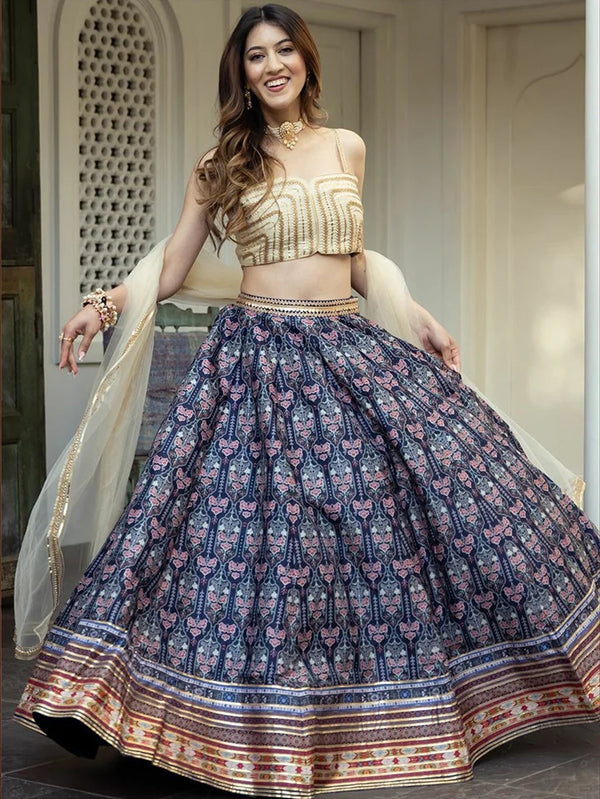 Blue Art Silk Paisley Print Lehenga Choli with Cream Choli, styled on model