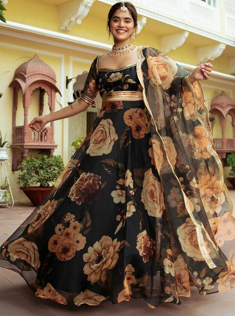 Black Organza Rose Print Lehenga Choli, side