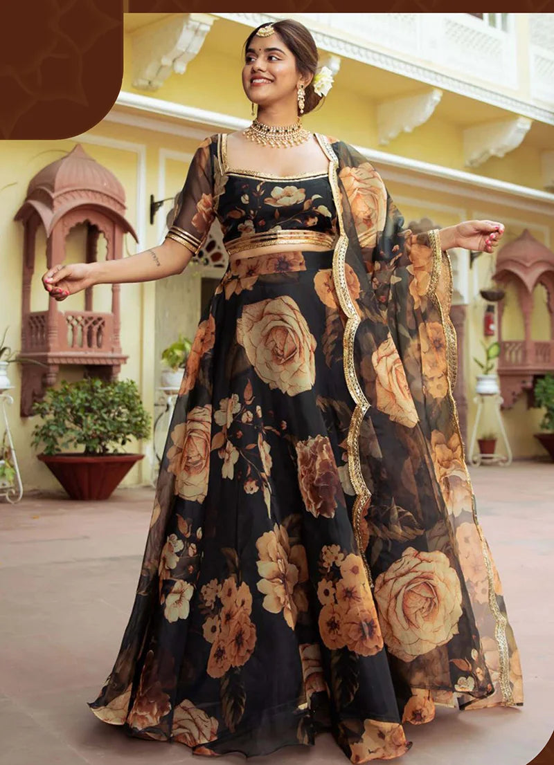 Black Organza Rose Print Lehenga Choli, side, view 2