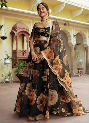 Black Organza Rose Print Lehenga Choli