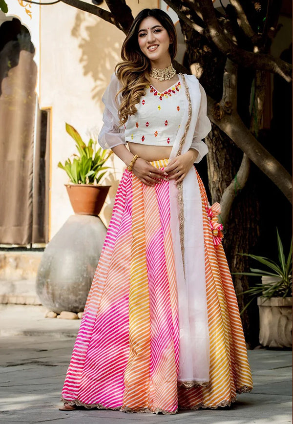 Multicolor Leheriya-Style Organza Lehenga Choli, front