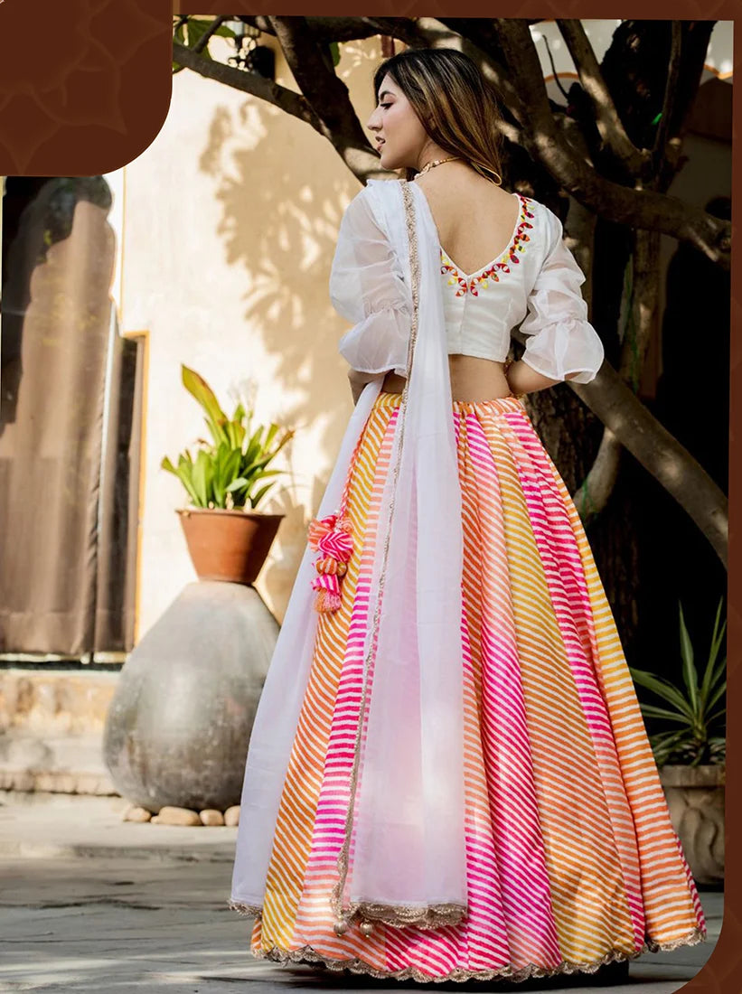 Multicolor Leheriya-Style Organza Lehenga Choli, back