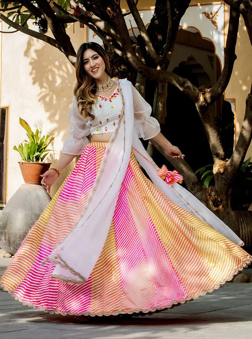 Multicolor Leheriya-Style Organza Lehenga Choli, side
