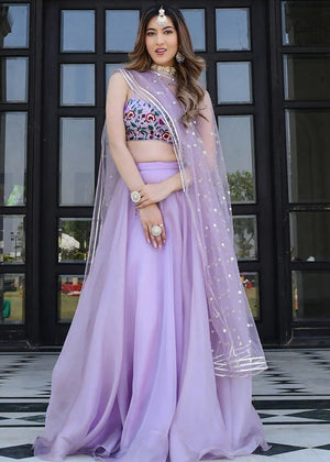 Lavender Organza Lehenga Choli with Floral Embroidery