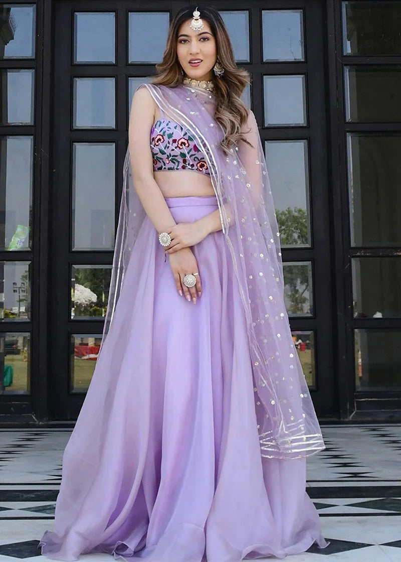 Lavender Organza Lehenga Choli with Floral Embroidery, front
