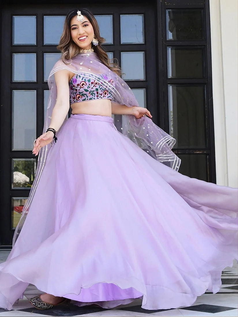 Lavender Organza Lehenga Choli with Floral Embroidery, styled on model