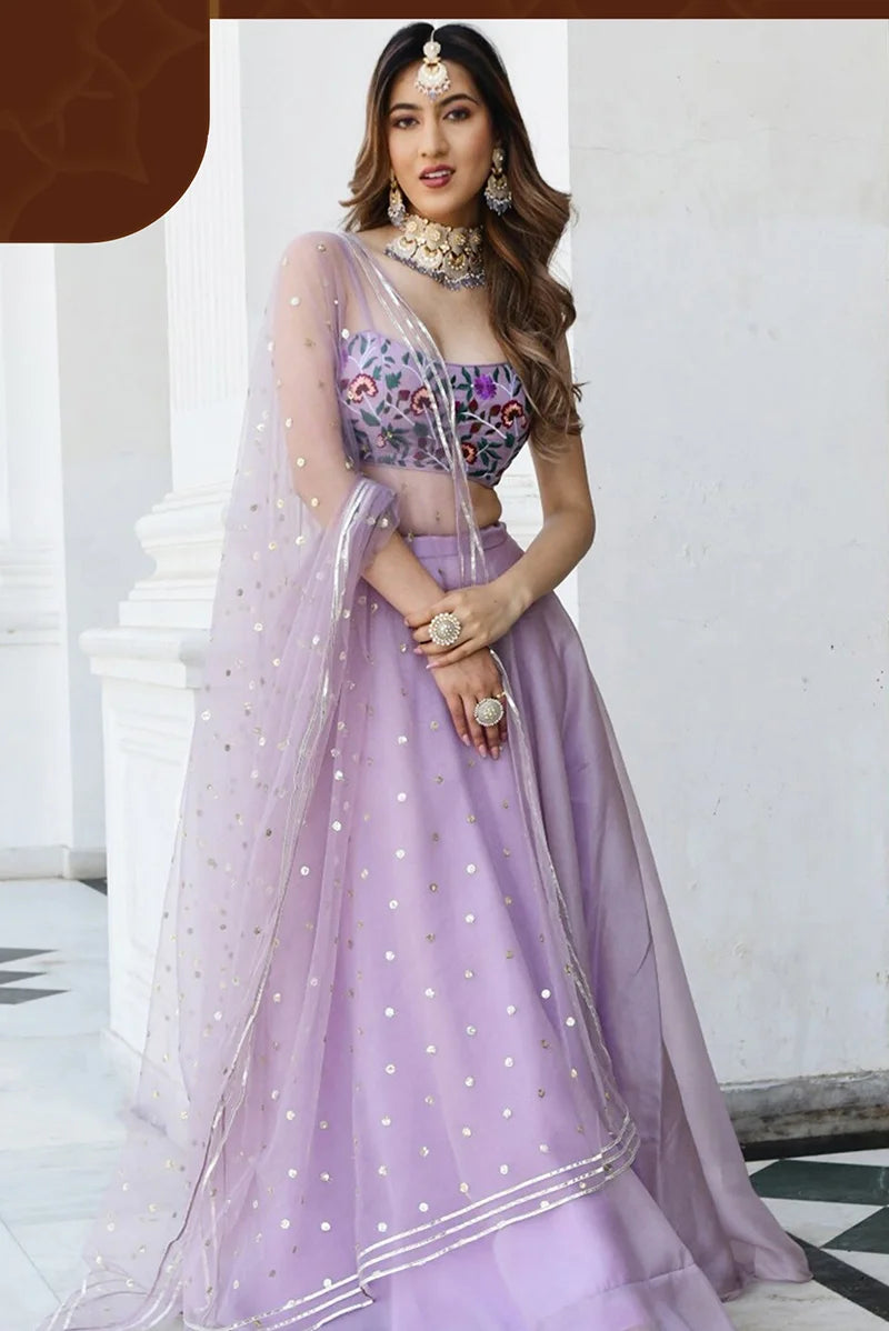 Lavender Organza Lehenga Choli with Floral Embroidery, side